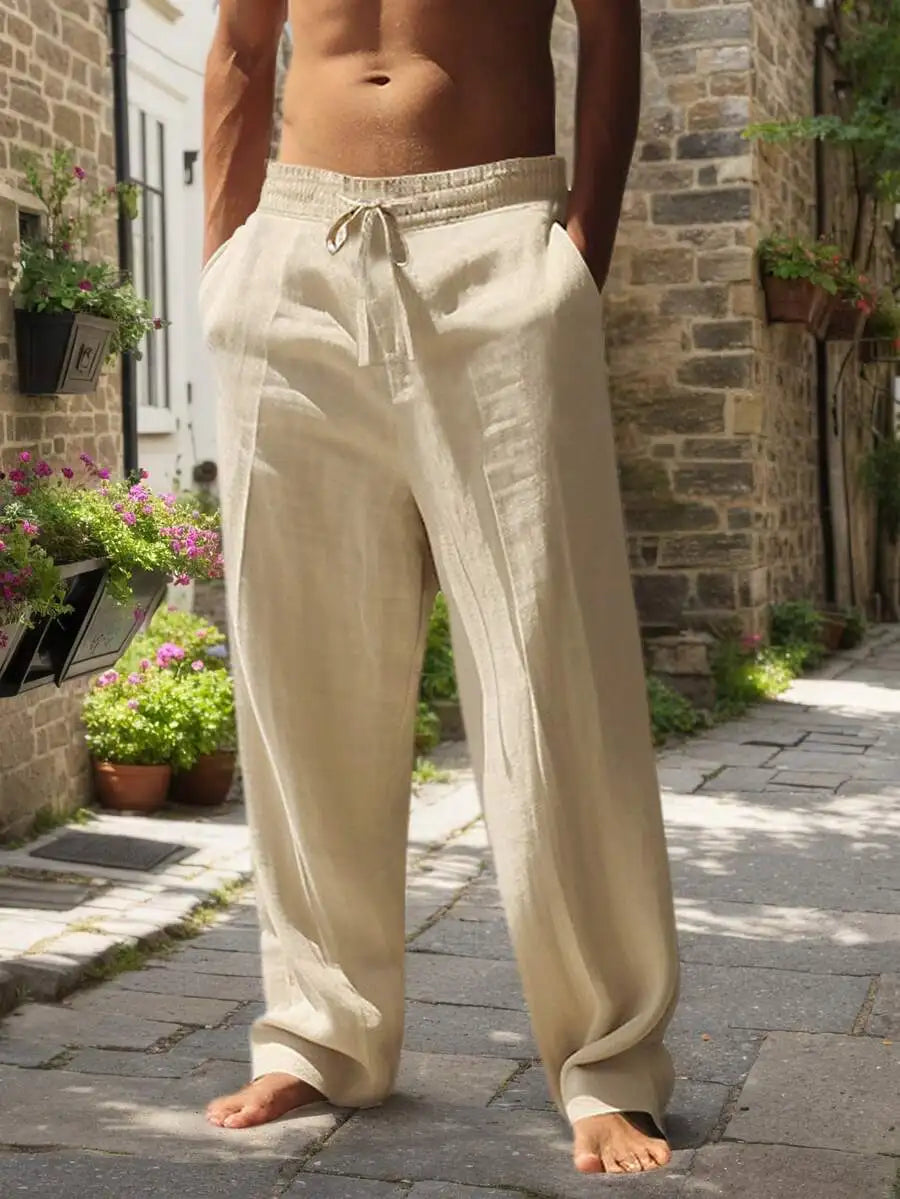 Men White Linen Loose Casual Long Pants For Spring Summer Autumn