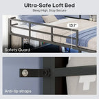 Grey Metal Loft Bed with Desk, 8 Drawers, LED Lights, Power Outlet, Shelves, and Clothing Rack