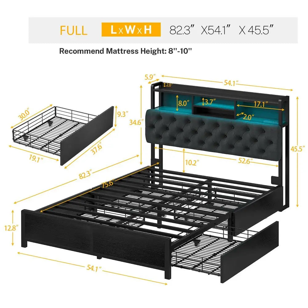 Full Size Bed Frame with Storage 4 Drawers amp LED Lights, Upholstered Headboard with Shelves and Built in Charging Station, Me