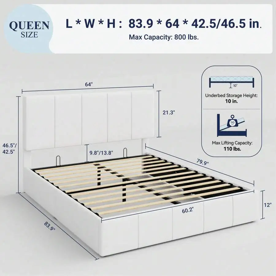 Full/Queen/King Size Velvet Lift Up Storage Bed Frame, Vertical Channel Tufted Headboard, Hydrualic Underneath Storage, Upholstered Platform Bed, Wooden Slats Support, No Box Spring Needed, White