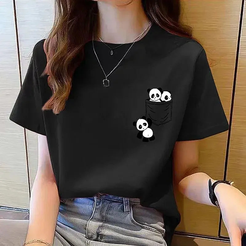 Women Short Sleeve Top Summer New Pocket Panda Cartoon Printed T-shirt Korean Fashion Loose Round Neck Tee