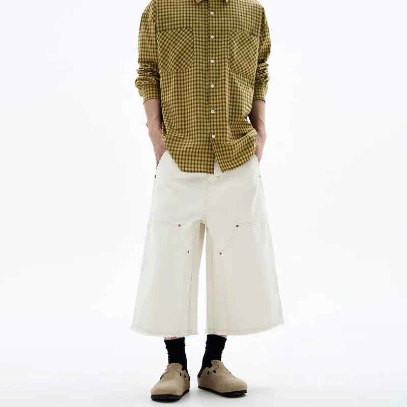 Men's White Baggy Wide Leg Carpenter Denim Jorts Frayed Raw Hem Y2K Street Style Casual Daily Going Out Loose Fit Streetwear Shorts