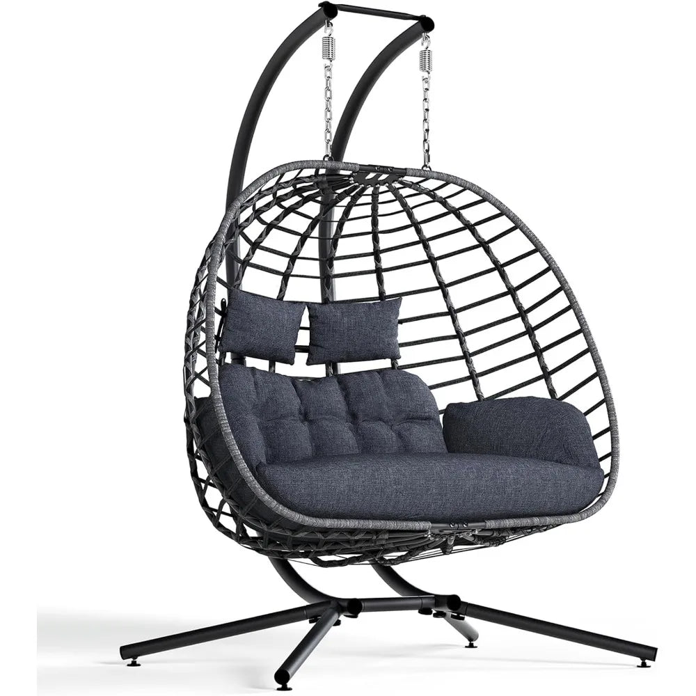Egg Swing Chair with Stand, 2 Person Outdoor Patio Wicker Hammock Chairs with Cushion for Indoor, Lawn, Garden - Dark Grey