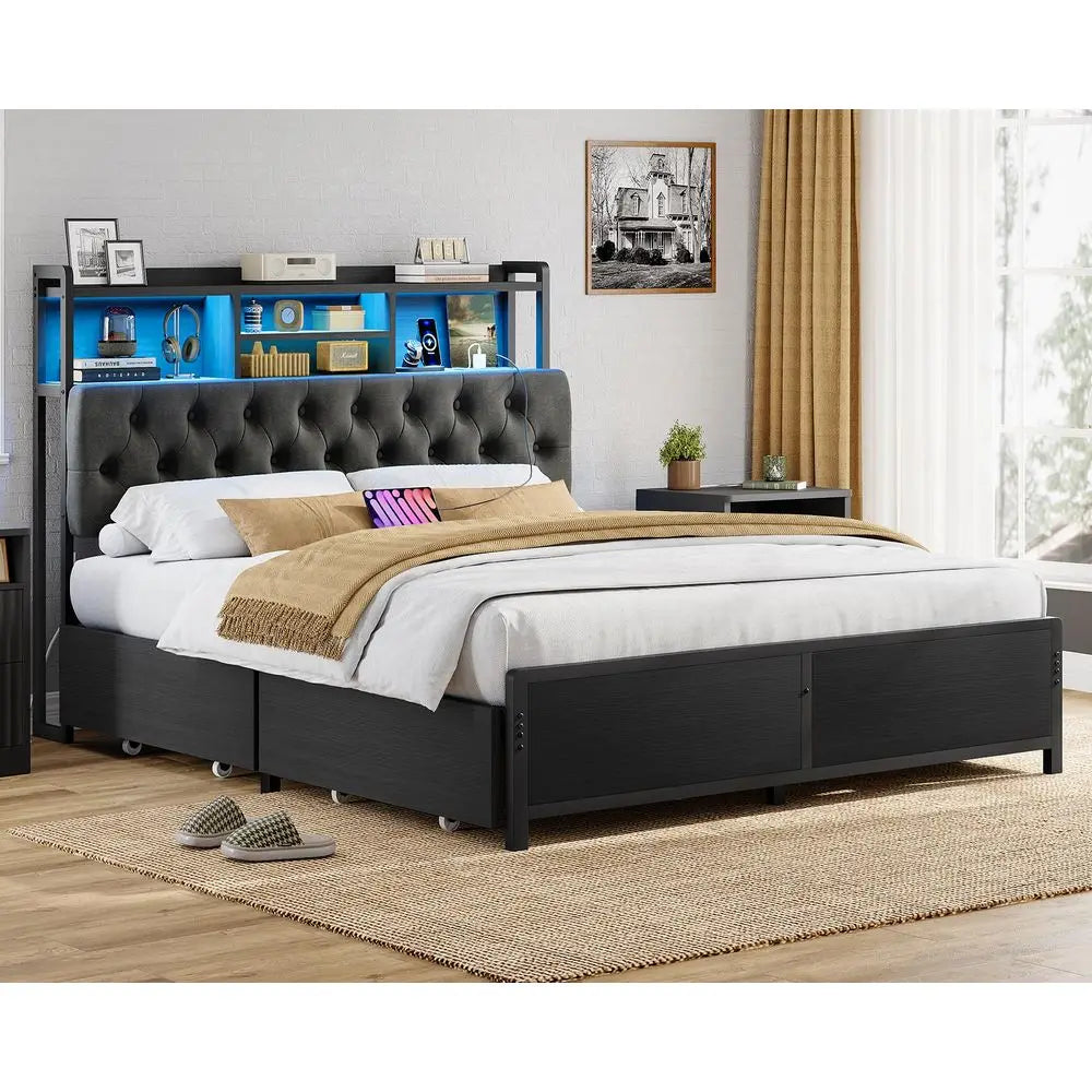 Full Size Bed Frame with Storage 4 Drawers amp LED Lights, Upholstered Headboard with Shelves and Built in Charging Station, Me
