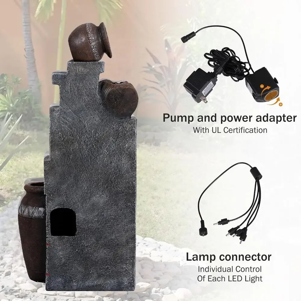 6-Tier Cascading Waterfall Fountain with LED Lights for Gardens, Landscaping, Patios, and Balconies (Gray)