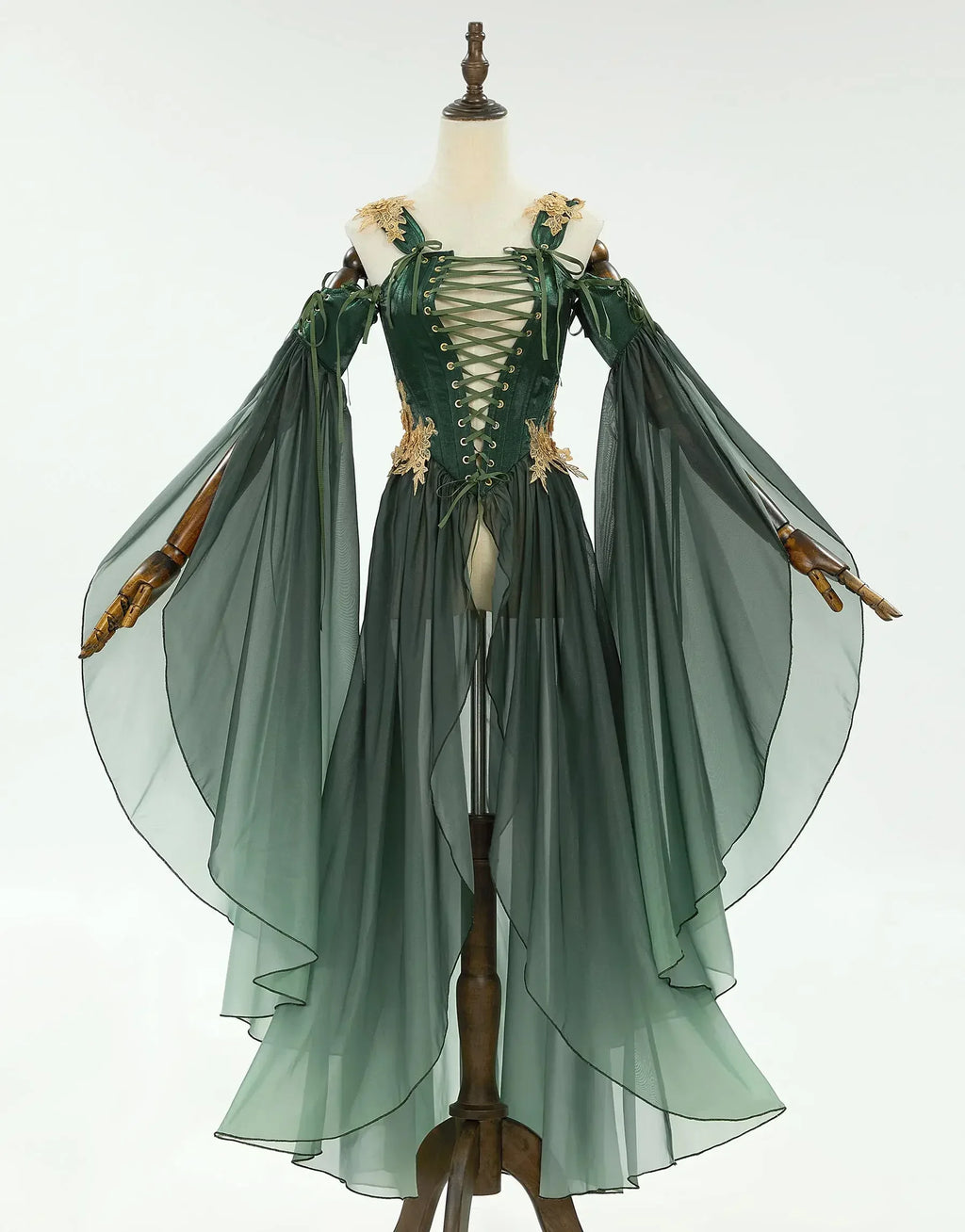 US Stock DAIZBELLA Women's Medieval Renaissance Costume Elf Style Only Green Dress with Sleeves for Halloween Cosplay Costume