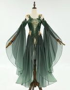 US Stock DAIZBELLA Women's Medieval Renaissance Costume Elf Style Only Green Dress with Sleeves for Halloween Cosplay Costume