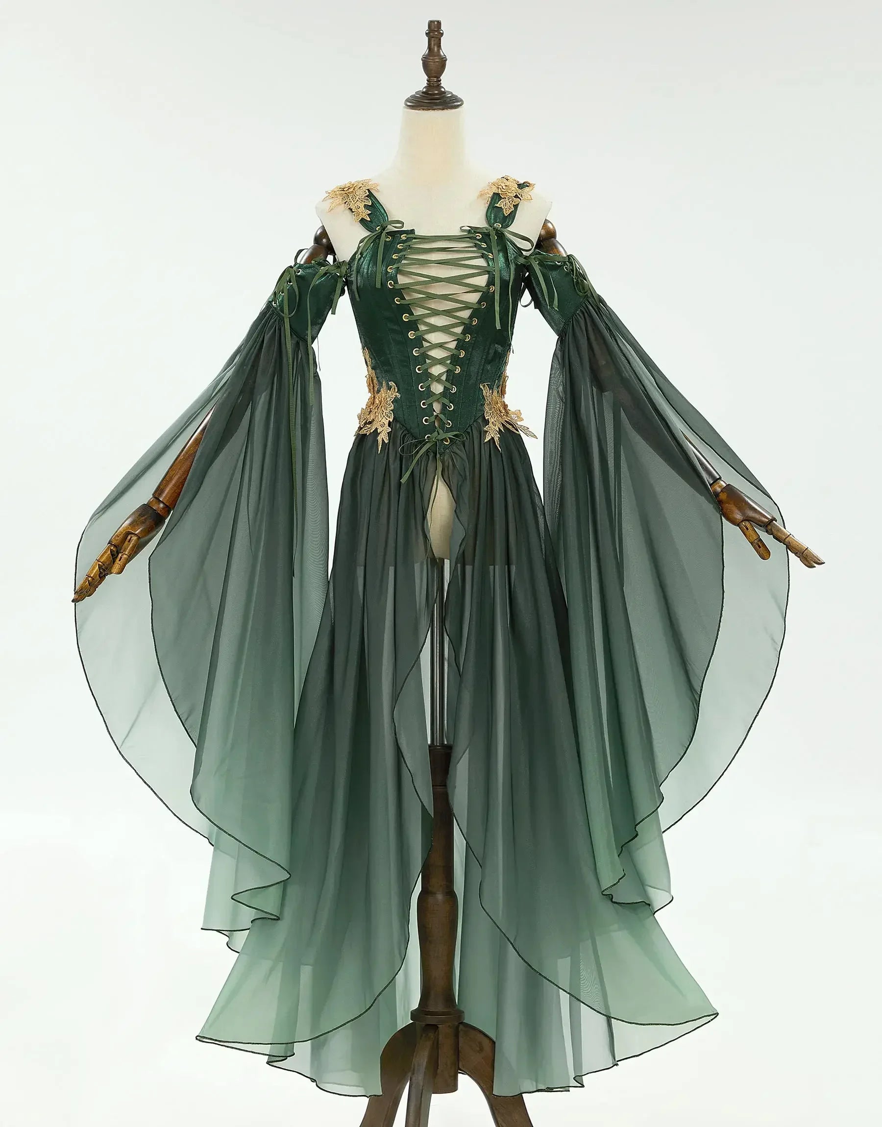 US Stock DAIZBELLA Women's Medieval Renaissance Costume Elf Style Only Green Dress with Sleeves for Halloween Cosplay Costume