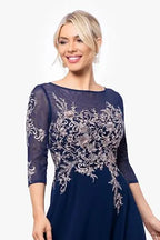 Women Boat Neck 3/4 Mesh Sleeve Floral Lace Appliques Chiffon Long Dress Elegant A Line Wedding Party Mother of Bride Formal Evening Maxi Gown
