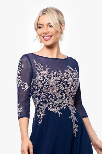 Women Boat Neck 3/4 Mesh Sleeve Floral Lace Appliques Chiffon Long Dress Elegant A Line Wedding Party Mother of Bride Formal Evening Maxi Gown