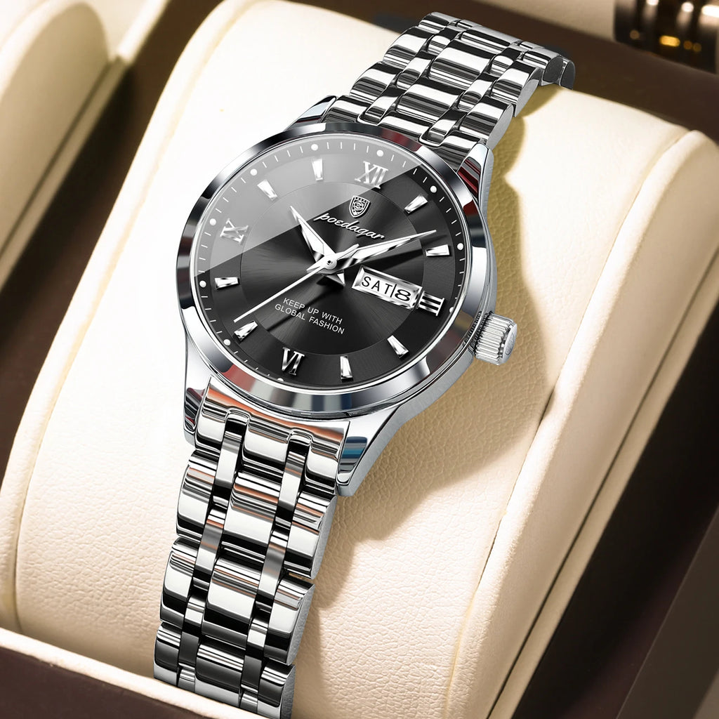 POEDAGAR Luxury Fashion Woman Watch Luminous Waterproof Stainless Steel Ladies Wristwatch Quartz Week Date Elegant Woman's Watches Male Reloj