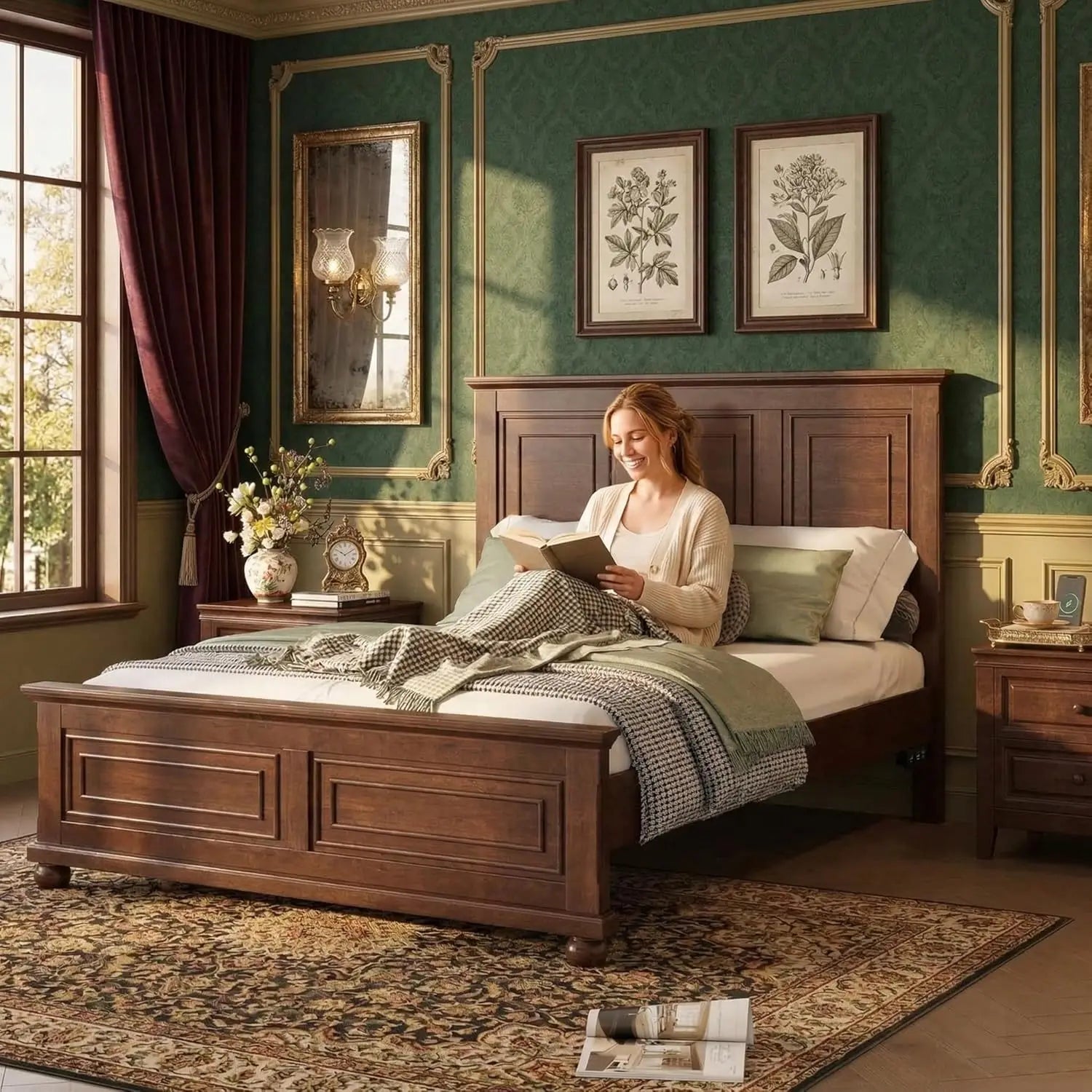 Farmhouse Queen Platform Bed Frame 46" Tall Headboard Solid Wood 2 Storage Drawers LED USB Charging No Box Spring Walnut Custom