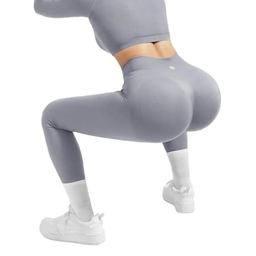 SUUKSESS Women 2 Pcs Workout Sets Hidden Scrunch Hip Lifting Seamless Leggings Long Sleeve Yoga Crop Tops
