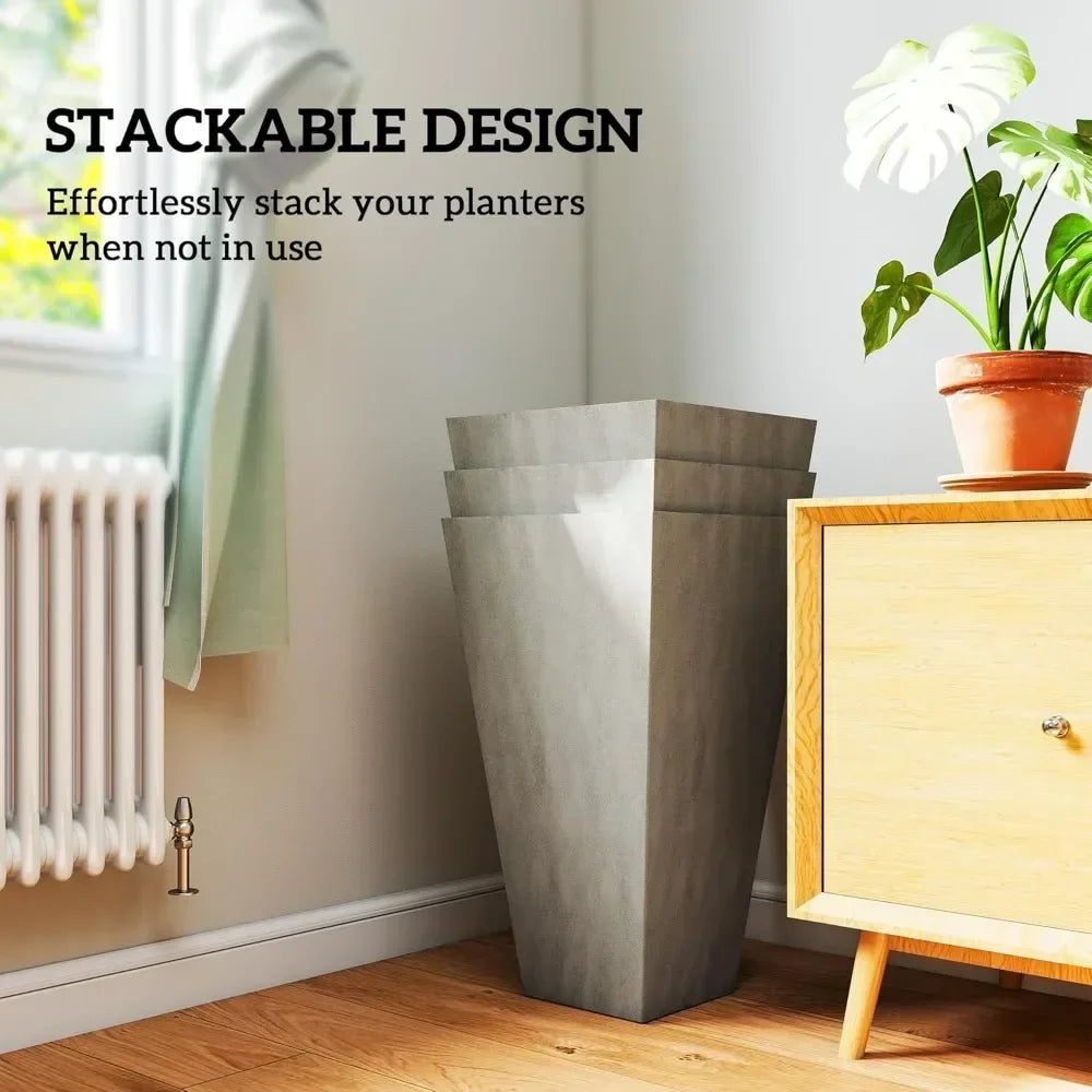 Set of 3 Tall Outdoor Flower Plant Pots 28' Indoor Planters with Drainage Hole for Porch Patio Deck