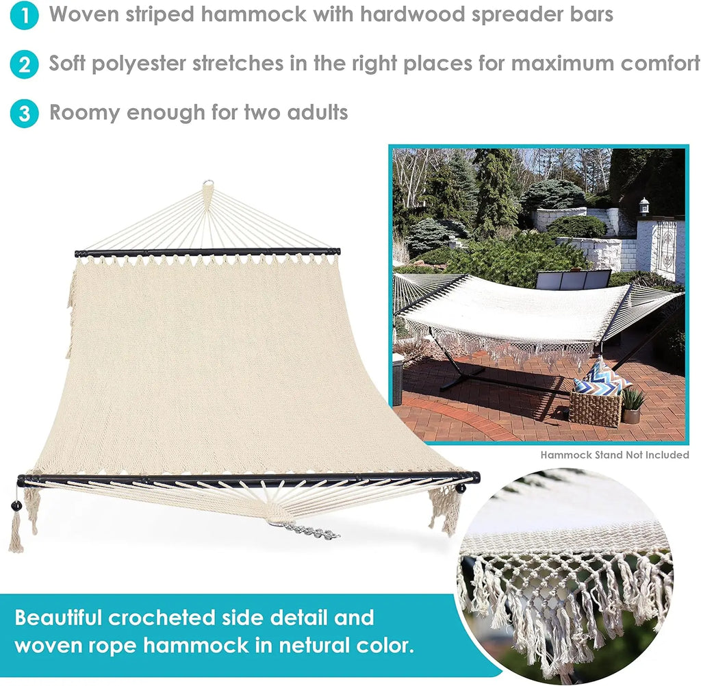 Outdoor Woven Double Hammock with Crocheted Edges and Spreader Bars, 600-Pound Capacity, for Trees