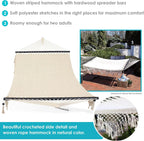 Outdoor Woven Double Hammock with Crocheted Edges and Spreader Bars, 600-Pound Capacity, for Trees