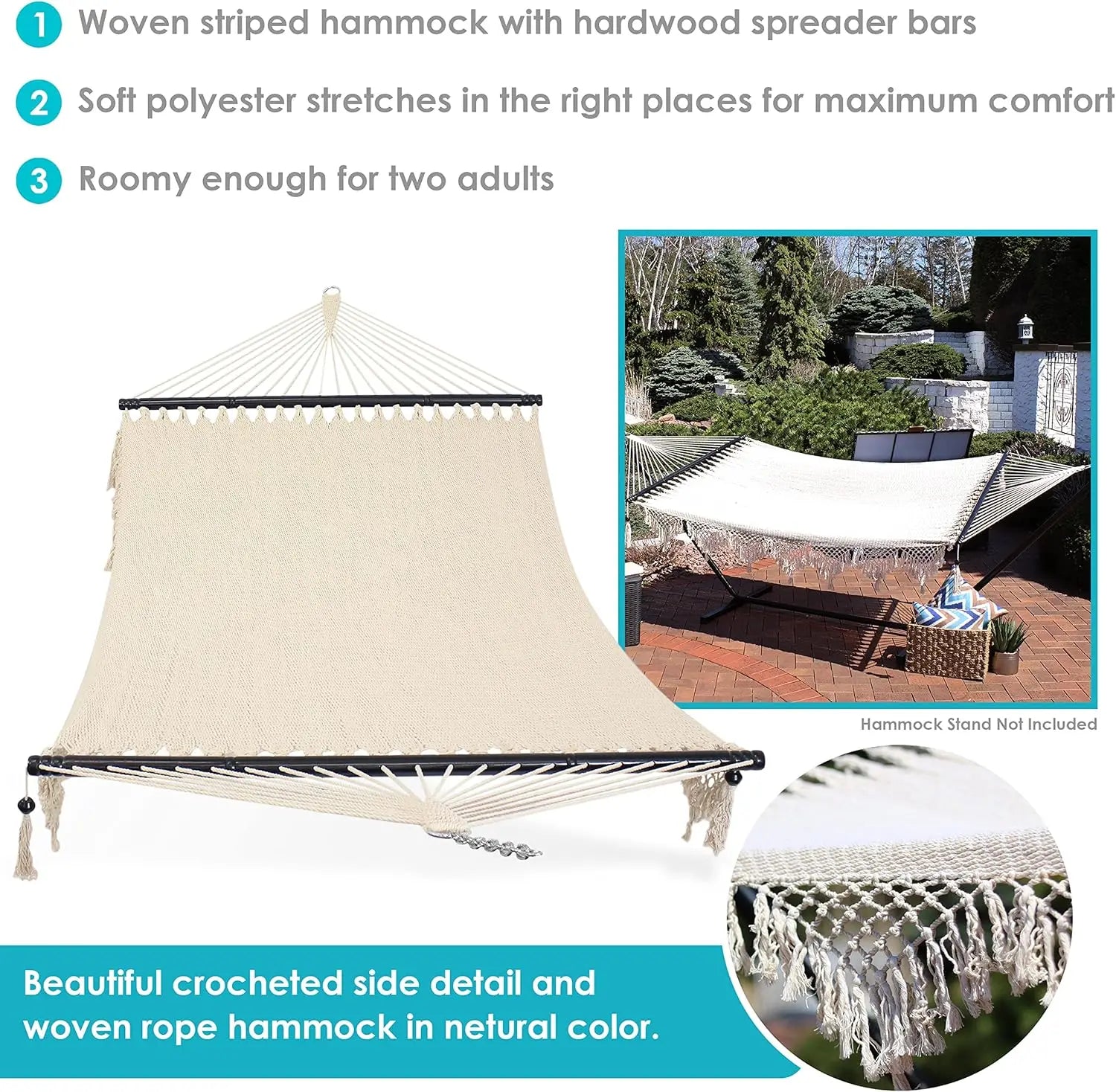 Outdoor Woven Double Hammock with Crocheted Edges and Spreader Bars, 600-Pound Capacity, for Trees