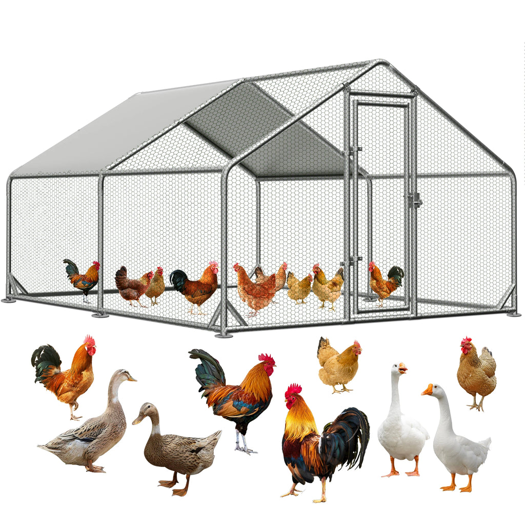 Large Metal Chicken Coop Upgrade with Tri - Supporting Structure and Hexagonal Wire Mesh, Chicken Pen with Waterproof and Anti - UV Cover, Walk - in Chicken Coop, Outdoor Duck and Rabbit House (13’ L x 10’ W x 6.5’ H)