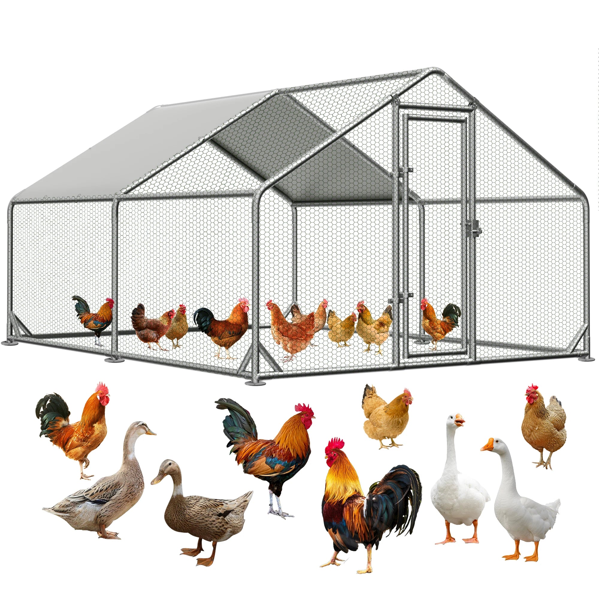 Large Metal Chicken Coop Upgrade with Tri - Supporting Structure and Hexagonal Wire Mesh, Chicken Pen with Waterproof and Anti - UV Cover, Walk - in Chicken Coop, Outdoor Duck and Rabbit House (13’ L x 10’ W x 6.5’ H)