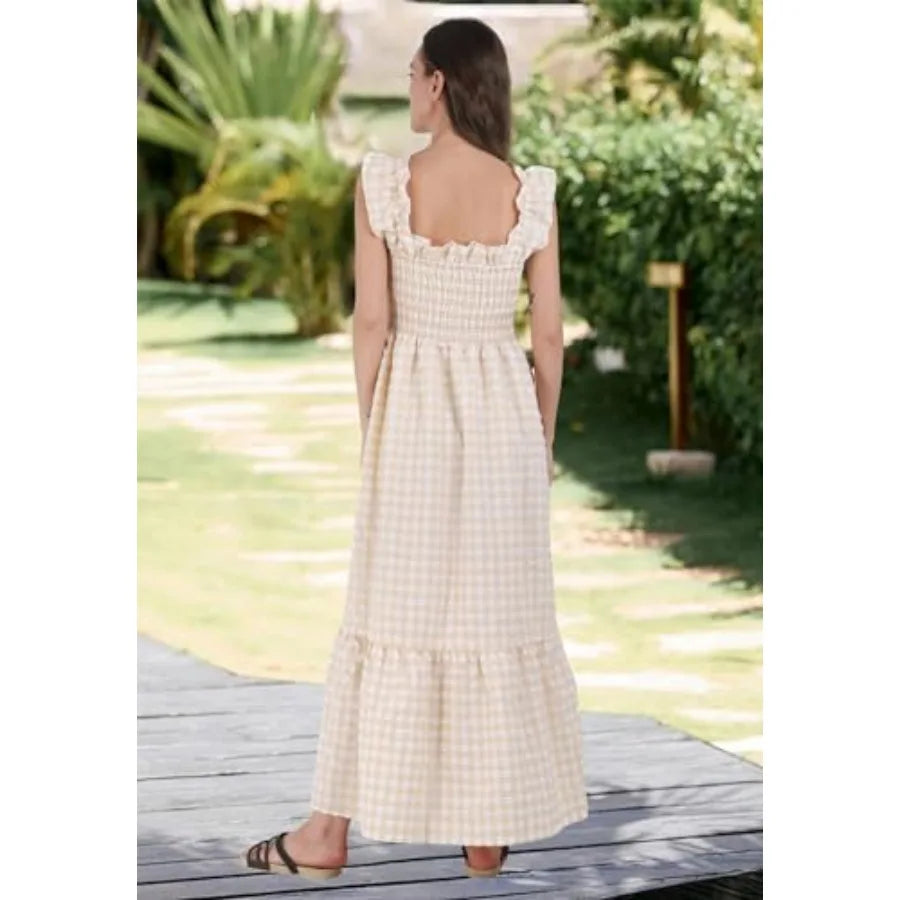 chouyatou Women's Retro Plaid Smocked Dress Spaghetti Strap Flounce Long Dress