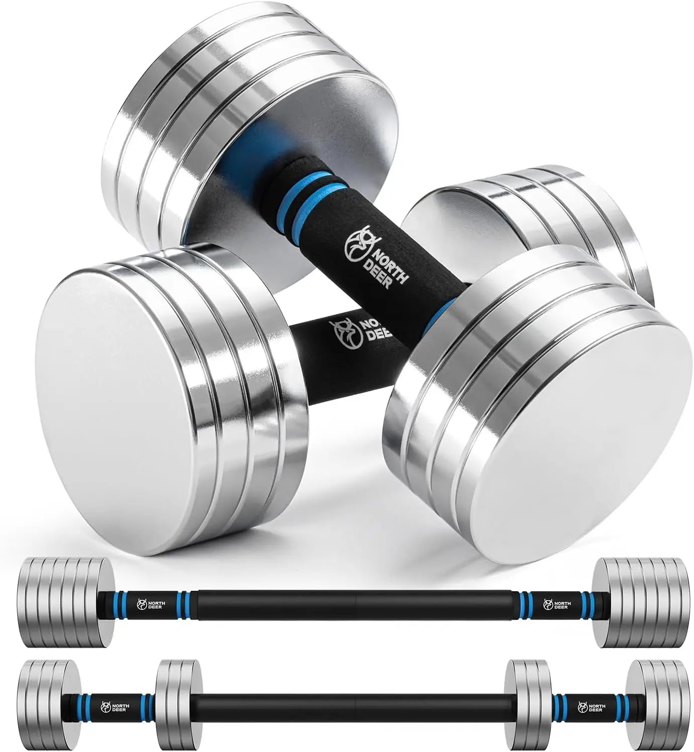 Home Gym Workout - Upgraded Adjustable Steel Dumbbells, Silver, 40LB / 60LB, 2 in 1 Dumbbell Barbell Set