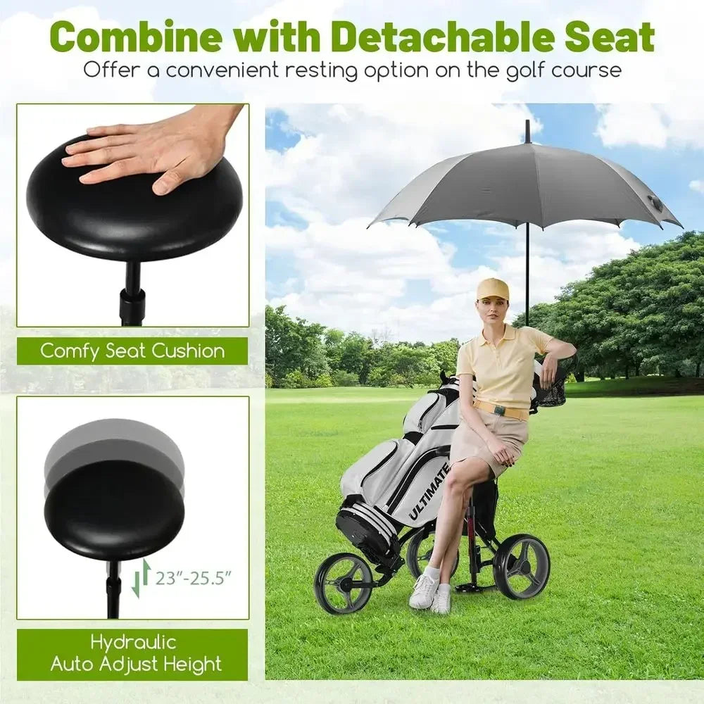 3-Wheel Folding Golf Cart with Adjustable Seat, Umbrella Holder, and Foot Brake for Men & Women