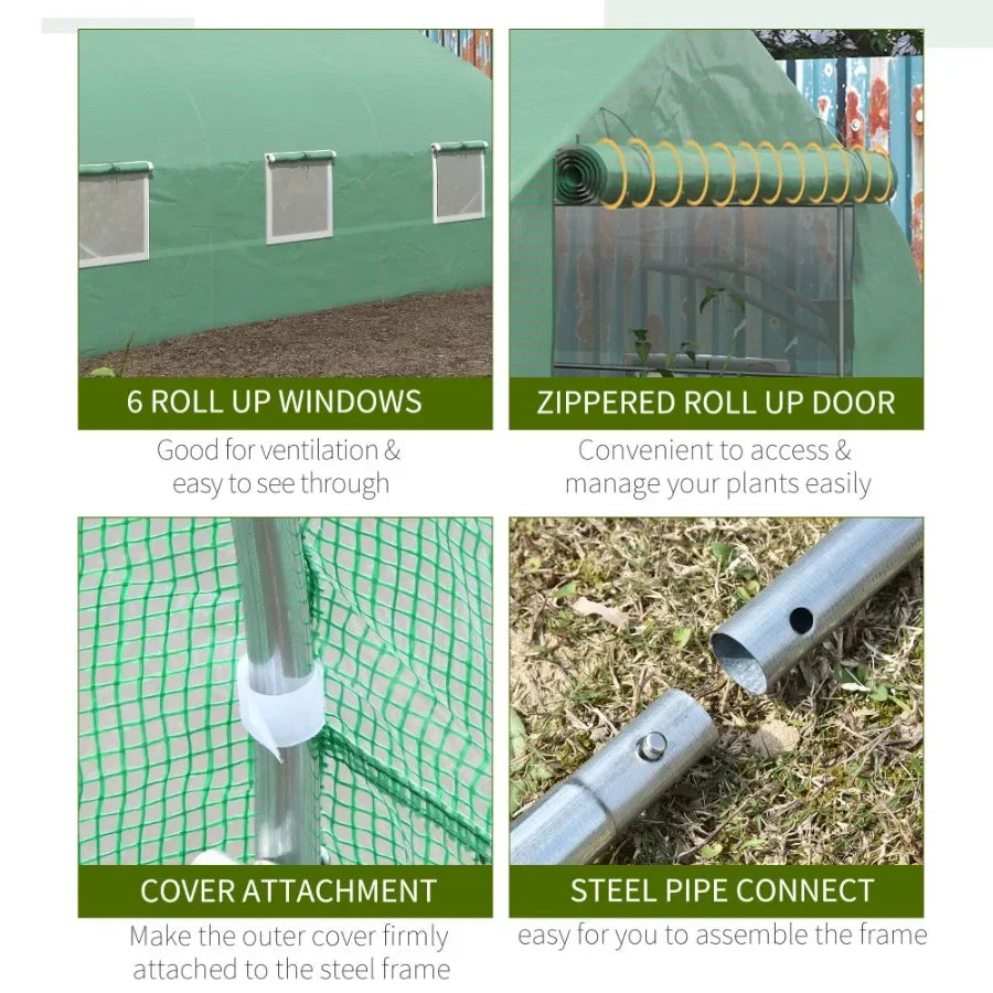 Outdoor High Tunnel Greenhouse for gardening, polyethylene-coated steel frame, deep green, portable with roll-up windows and ve