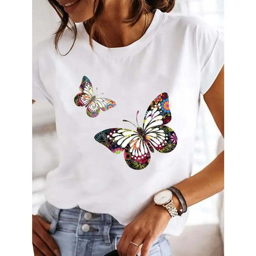 【New Arrival】Women's White Dragonfly Print Tee Let It Be Summer Casual Top