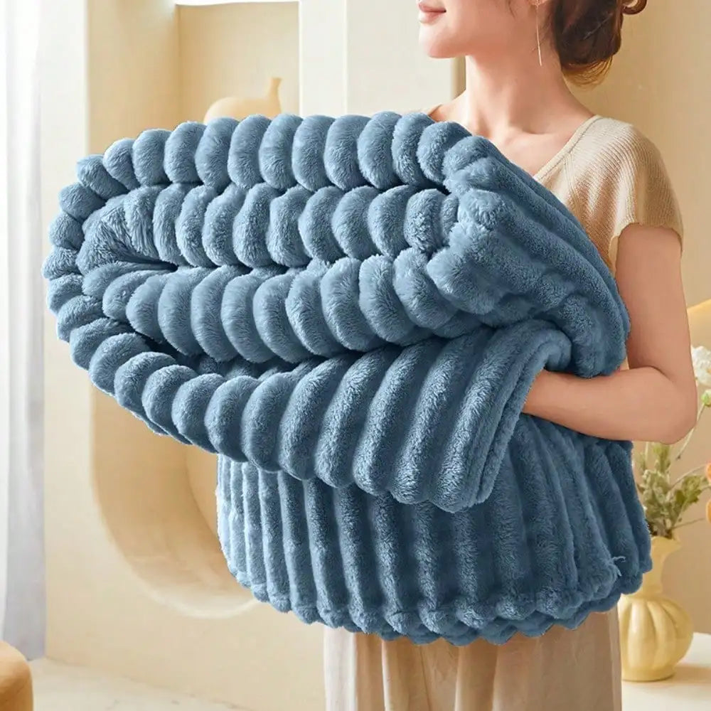 1PC Double-Sided Faux Rabbit Fur Blanket, Luxury Striped Flannel Throw, Soft Warm Polyester Bed Cover, Multi-use for Nap Office Camping Sofa, Ideal Christmas Gift