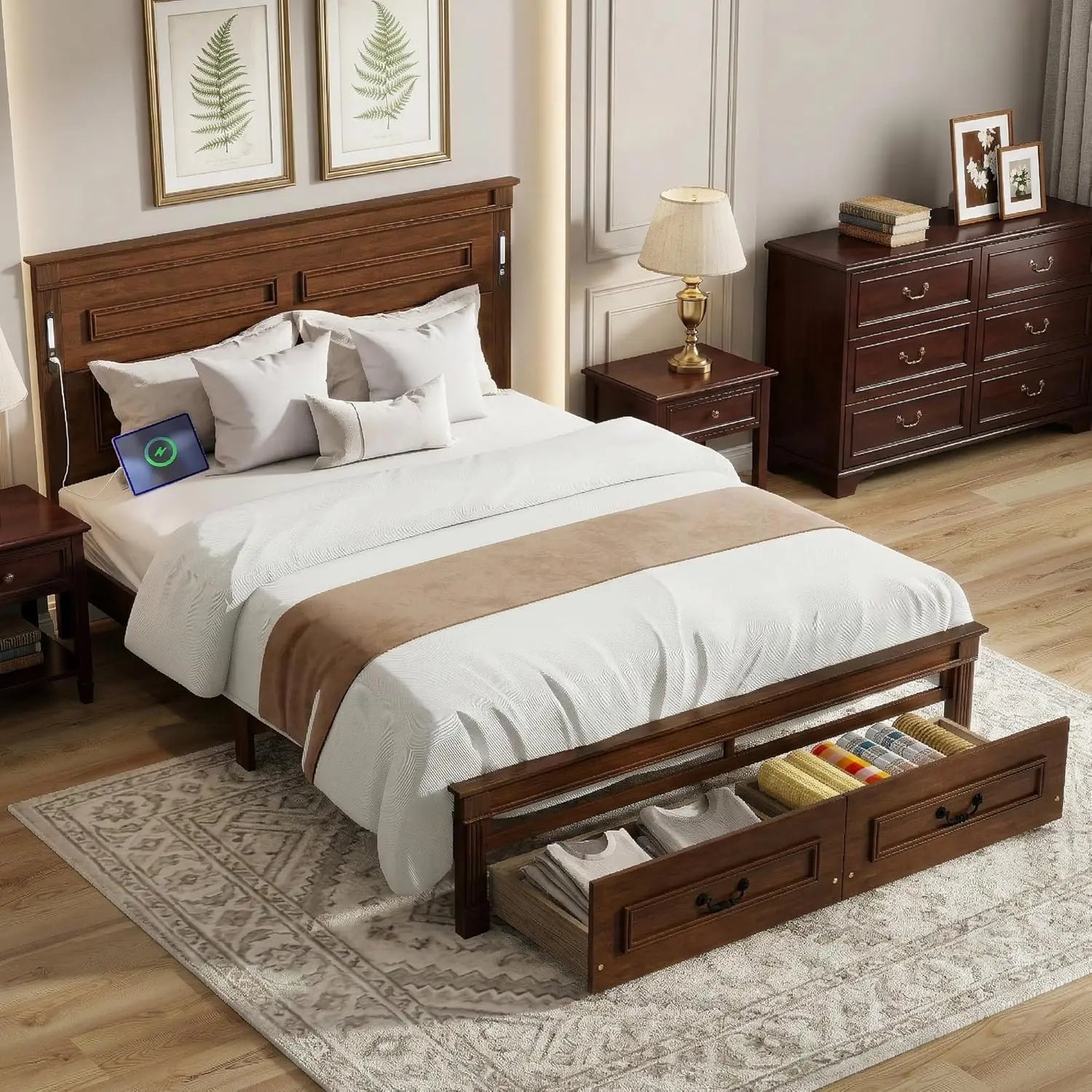 Farmhouse Queen Platform Bed Frame 46" Tall Headboard Solid Wood 2 Storage Drawers LED USB Charging No Box Spring Walnut Custom