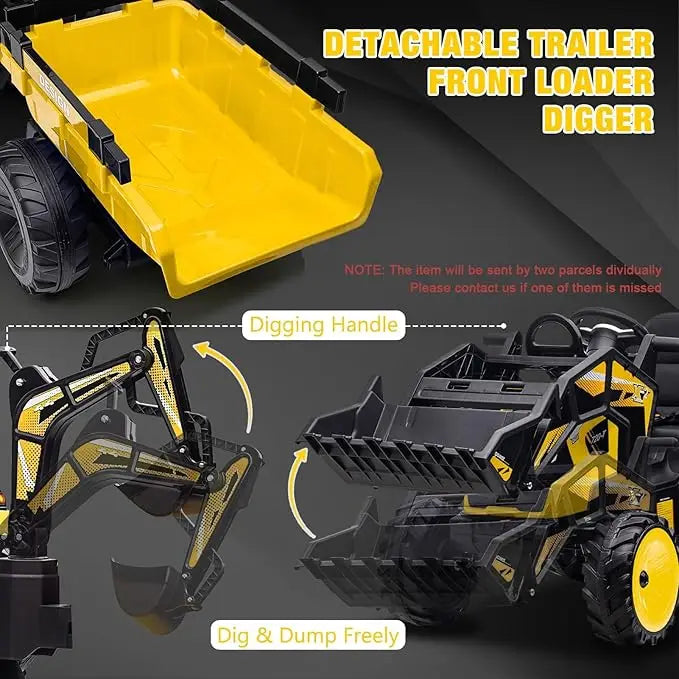24V 3-in-1 Ride-On Tractor with Excavator & Bulldozer Modes — Kids Electric Construction Vehicle with Trailer, Digger, Shovel Bucket, Parent Remote Control, LED Lights, Music & USB, Battery