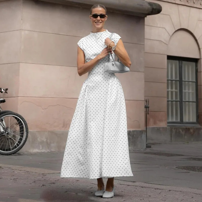 XTOCEAN White Polka Dot Long Dress Summer Sexy High-Waisted Vintage Print Sleeveless Dress Casual Party Vacation New Women Dress