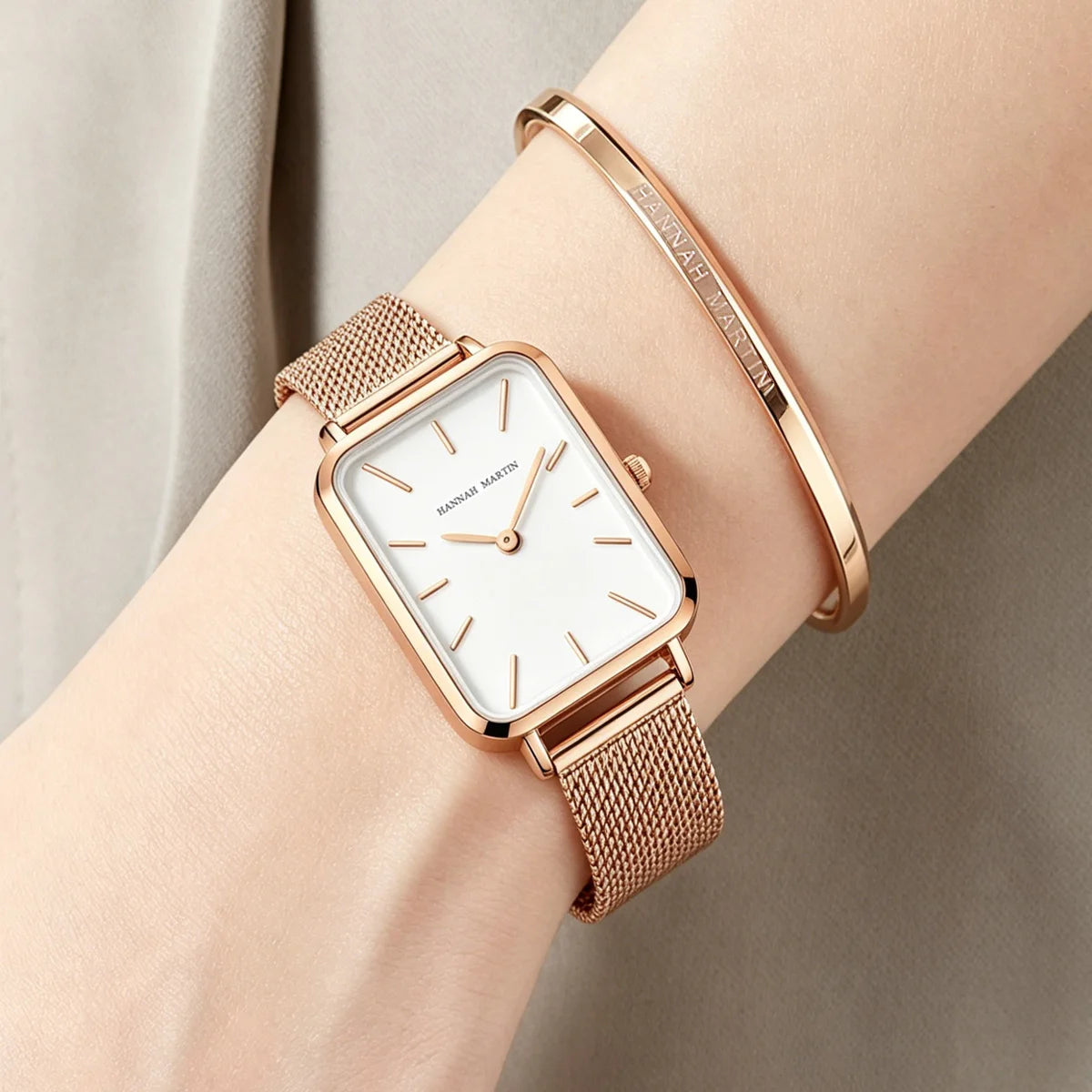 Hannah Martin Women Watch 34mm Simple Design Square Dial Lightweight Japanese Quartz Movement Rose Gold Stainless Steel Mesh Strap Classic Watch US Local Fast Shipping Surprise Gift Watch