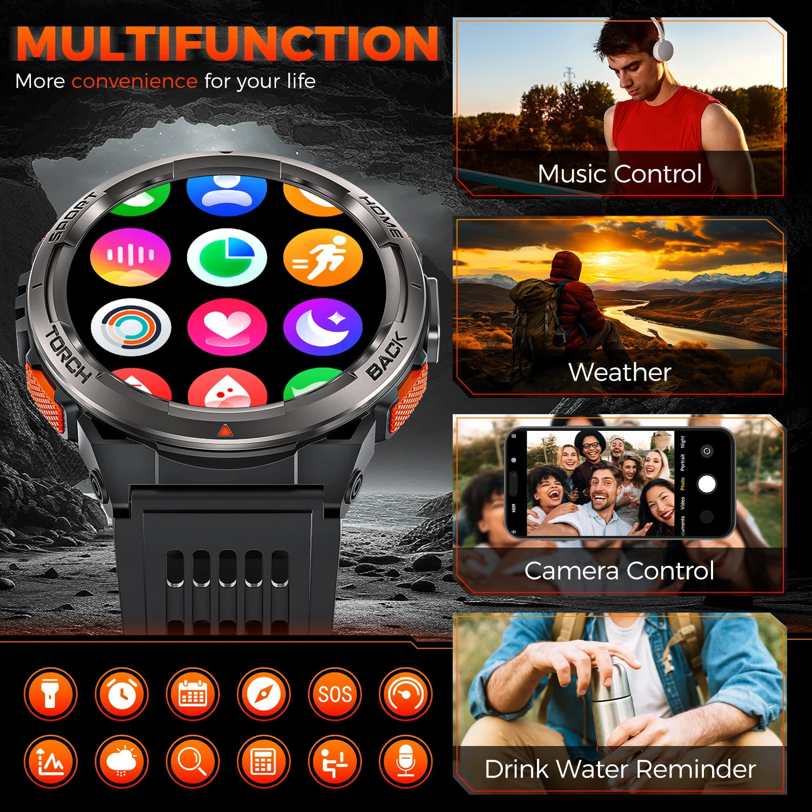 EIGIIS KE5 3ATM Waterproof Smart Watch for Men with LED Flashlight 1.45'' HD Rugged Smartwatch with 530mAh Big Battery