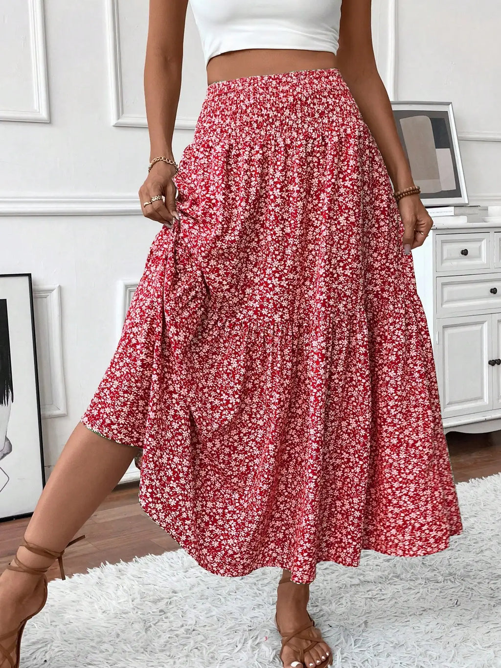 Womens Ditsy Floral A-Line Skirt With Pockets Elastic Waist Ruffle Hem