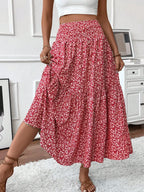 Womens Ditsy Floral A-Line Skirt With Pockets Elastic Waist Ruffle Hem