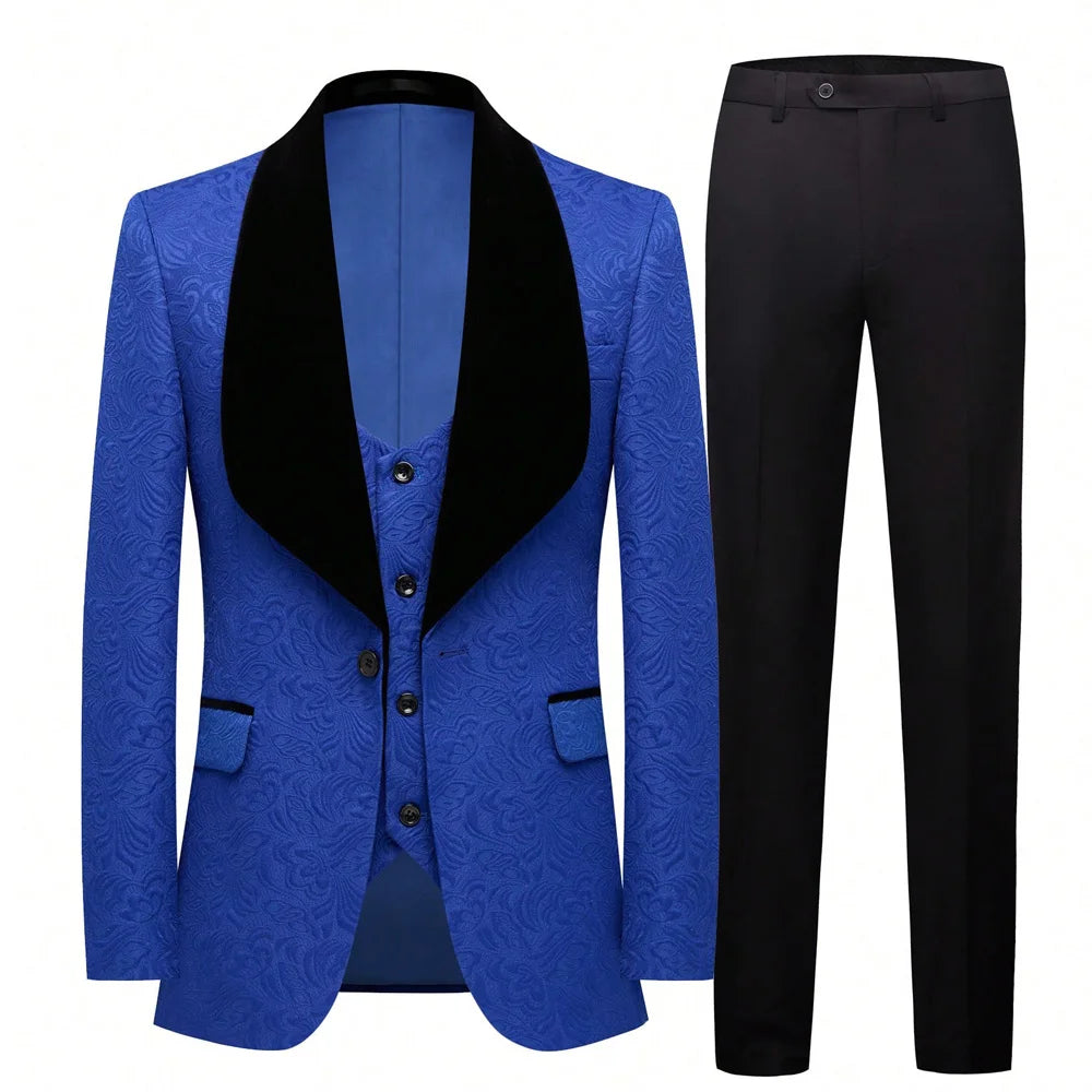 Mens 3 Piece Floral Tuxedo, Jacquard Slim Suit Set, Paisley Blazer Vest And Pants For Prom Wedding