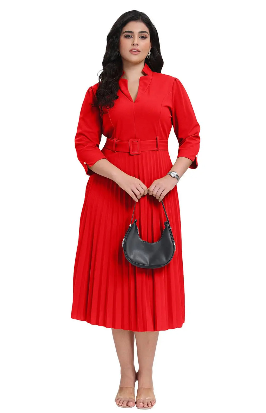 Womens V Neck Business Casual Shirt Dress With 3/4 Sleeves Pleated Midi Skirt And Belt