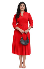 Womens V Neck Business Casual Shirt Dress With 3/4 Sleeves Pleated Midi Skirt And Belt
