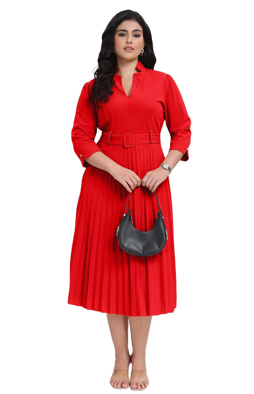 Womens V Neck Business Casual Shirt Dress With 3/4 Sleeves Pleated Midi Skirt And Belt
