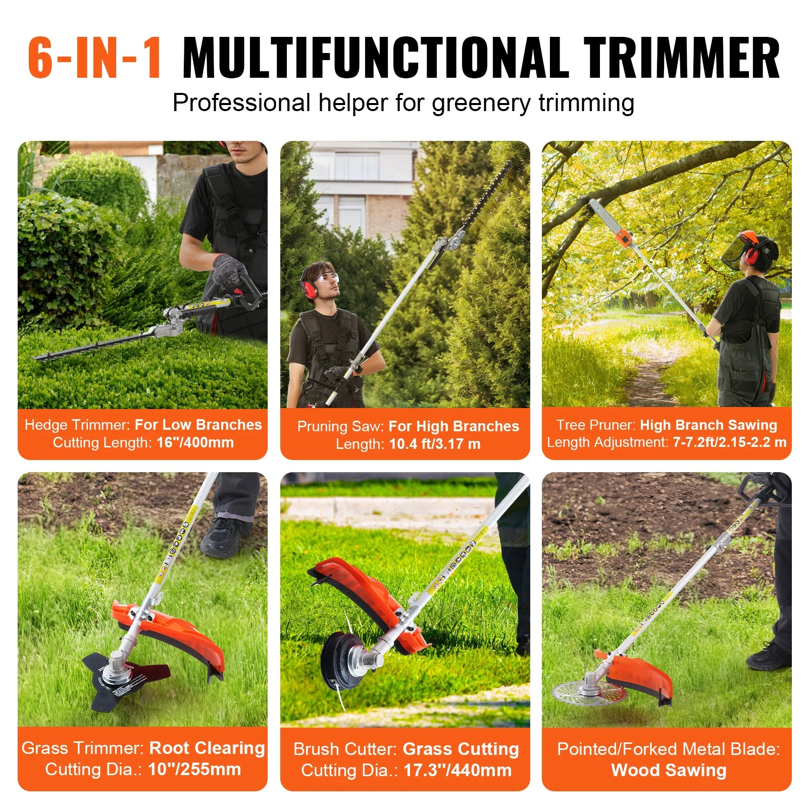 SucceBuy 26CC 5-in-1 Multi-Functional Trimming Tools Gas Hedge Trimmer Weed Eater String Trimmer Edger Pole Saw Chainsaw Pruner