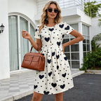 Pocket A-line Midi Dress European American Women Dress Short Sleeve Round Neck Off White Heart Print Casual Spring Summer Outfit