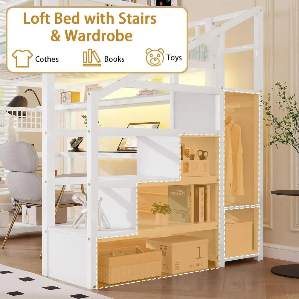 White Loft Bed with Stairs, Desk, Storage, Charging Station, LED Lights - Space-Saving for Kids, Teens, Adults