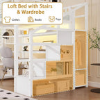 White Loft Bed with Stairs, Desk, Storage, Charging Station, LED Lights - Space-Saving for Kids, Teens, Adults