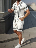 Men's Vertical Stripe Short Sleeve Button-Down Shirt And Shorts Set Summer Casual
