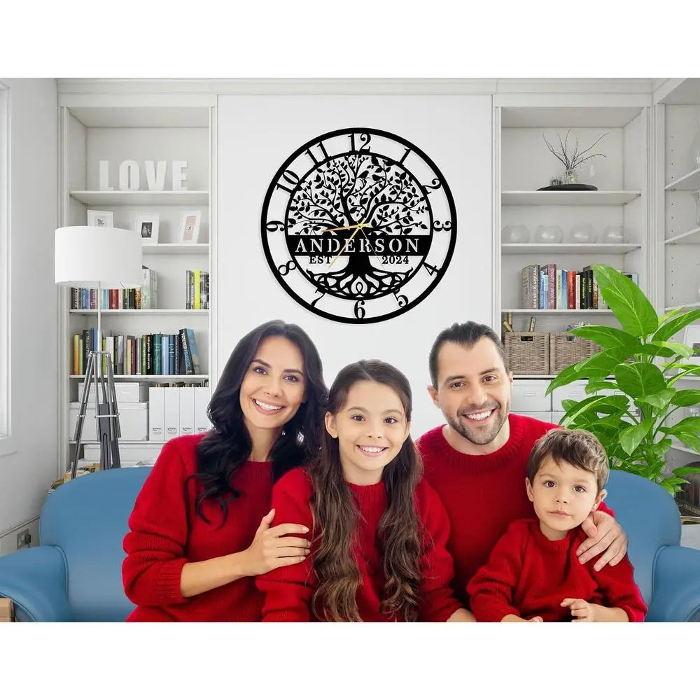 Custom Engraved Family Tree Metal Wall Clock - Personalized Name Wall Art, Large Home Decor for Housewarming or Wedding Gifts