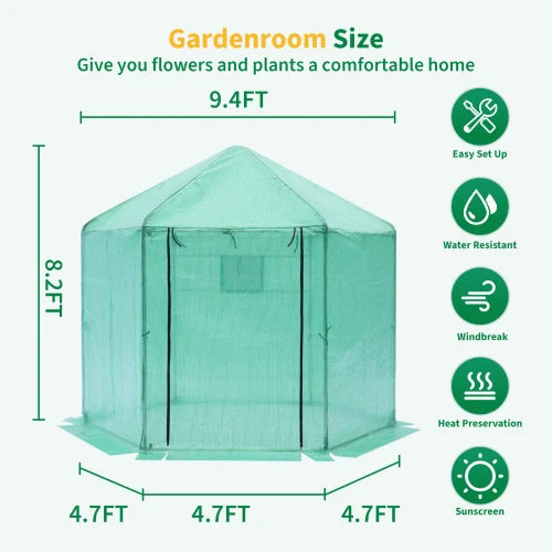 Step in hexagonal greenhouse -9.2 * 8.1 feet, upgraded and reinforced frame, thickened waterproof and thermal insulation layer