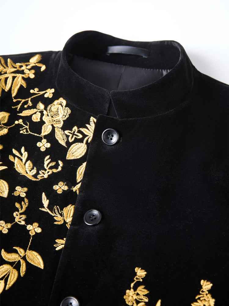 Men's Black Velvet Blazer with Gold Floral Embroidery, Slim Fit Suit Jacket for Wedding, Party, Banquet, Prom