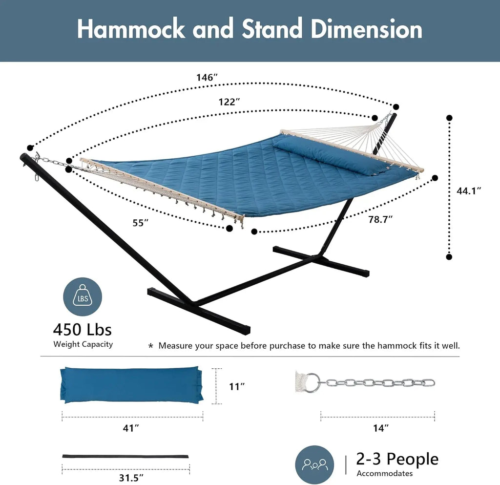 Outside Blue Double Quilted Hammock with 12 Feet Heavy Duty Steel Stand, 450 LBS Weight Capacity