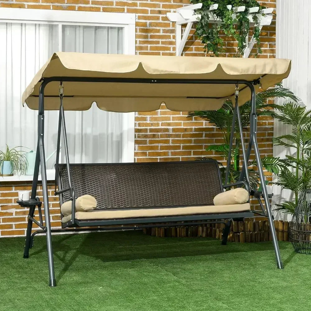 3-Seat Outdoor Swing with Adjustable Shade, Removable Cushion, and Rattan Seat for Garden, Porch, Backyard, Poolside